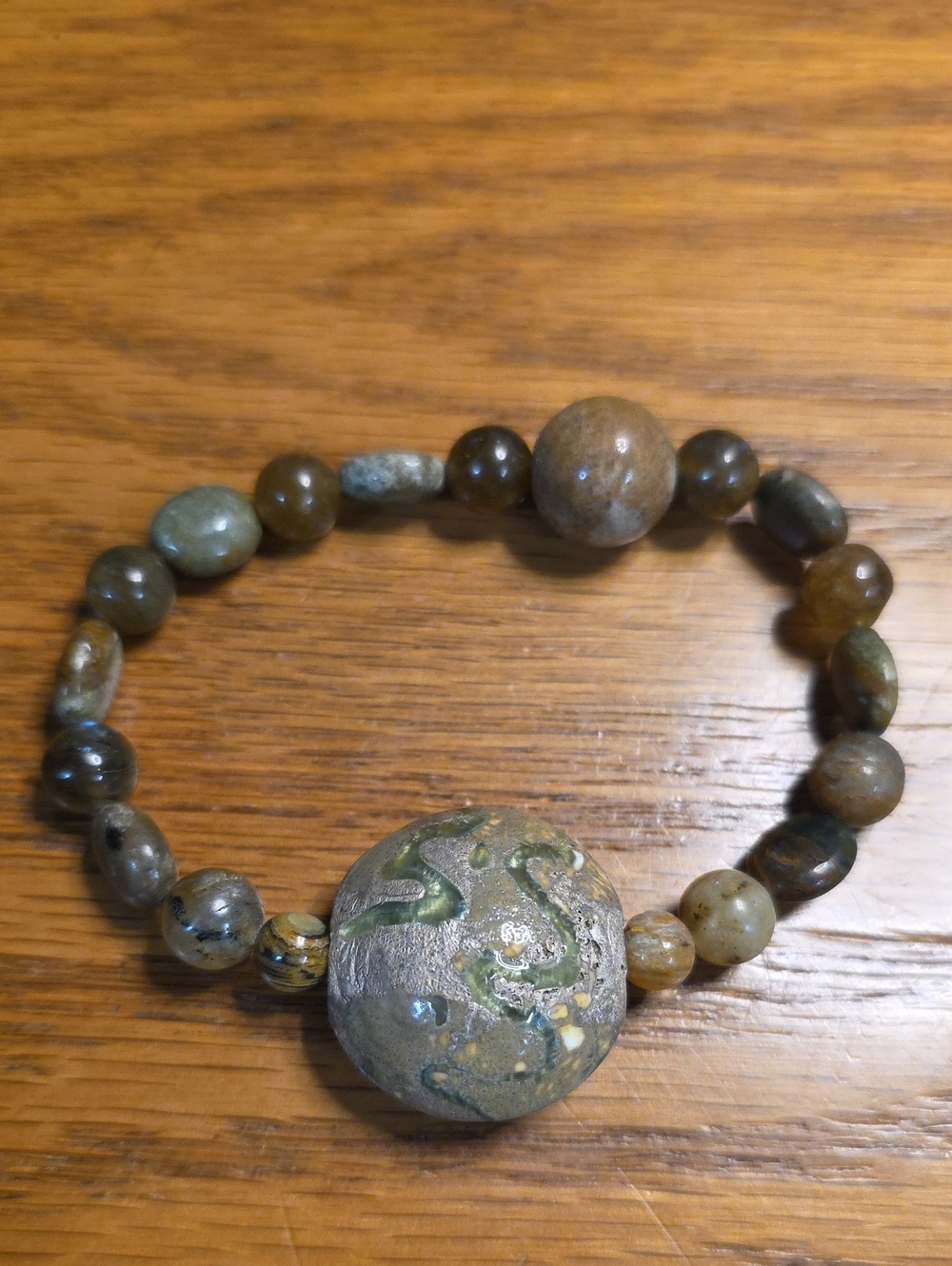 Handcrafted Green and Brown Beaded Stretch Bracelet